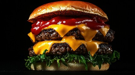 Wall Mural -   A cheeseburger on a bun with lettuce, tomato, and ketchup