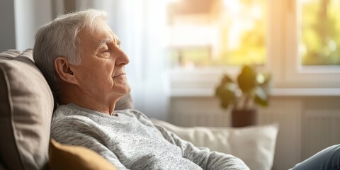 A close-up shows a senior relaxing in a bright living room, focusing on a peaceful expression and comfortable chair, with soft light capturing the comfort of senior livin