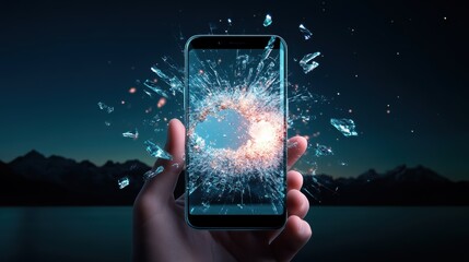 Poster - A hand holding a phone with a cracked screen, revealing a surreal dreamscape inside, symbolizing the merging of reality and technology.