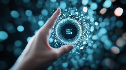 Poster - A hand reaching out from a digital portal, holding a device that projects holographic images of futuristic gadgets.