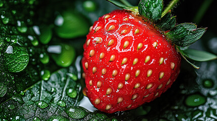 Wall Mural -   A macro of a strawberry on a leaf with water droplets and 15 on it