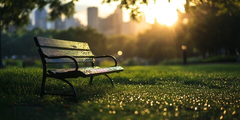 Wall Mural - a park bench in the morning light, dewdrops on the grass, with the city skyline beyond