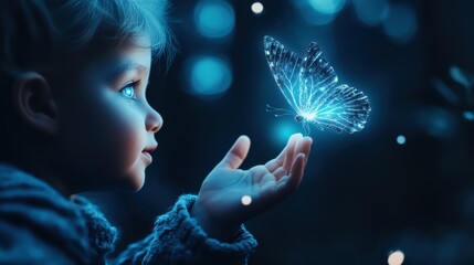 Poster - A child with glowing eyes, reaching out to touch a shimmering, holographic butterfly that carries a message to a loved one, representing the magical power of wireless communication.