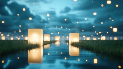 Poster - A surreal, dreamlike landscape with buildings made of glowing, interconnected panels, representing the immersive power of design and technology.