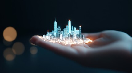 Poster - A hand holding a device that projects a holographic image of a surreal, futuristic cityscape, showcasing the transformative power of technology and design.