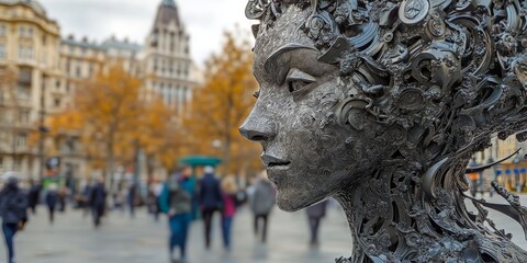 Wall Mural - a public sculptures intricate details, with an active city square alive in the background