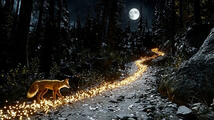   A fox on a trail, illuminated by lights and bathed in moonlight