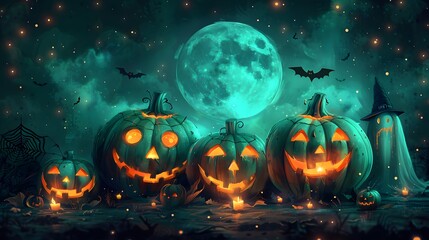 Pumpkin globe against starry night sky, Halloween illustration