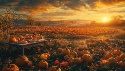 Wall Mural - Vibrant Autumn Pumpkin Patch at Sunset