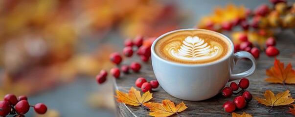 A cozy cup of coffee surrounded by colorful autumn leaves and berries, evoking warmth and a sense of seasonal comfort.