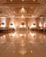 Poster - An empty ballroom with white floor, beige drapes and two chandeliers. The floor reflects the light.