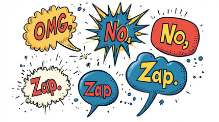 A simple cartoon drawing shows different speech bubbles with words like 