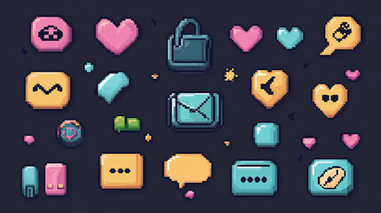 Wall Mural - Colorful pixel-style chat bubbles, buttons, and message frames. Retro-style battery icons, error signs, and arrows. Pixelated hearts and game icons.