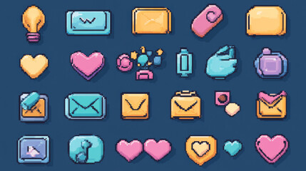 Wall Mural - Colorful pixel-style chat bubbles, buttons, and message frames. Retro-style battery icons, error signs, and arrows. Pixelated hearts and game icons.