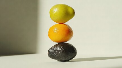 Wall Mural -   An orange and an apple stacked on an avocado on a white surface