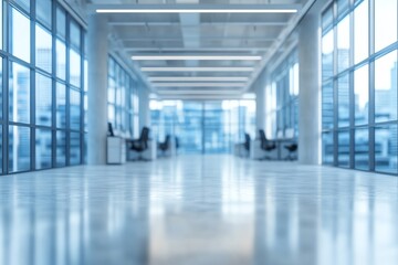 Poster - Blurred view of a modern office corridor with large windows and a shiny floor.