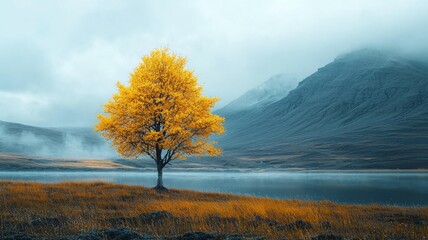 Canvas Print - Vibrant Yellow Tree Beside Serene Lake in Mountains