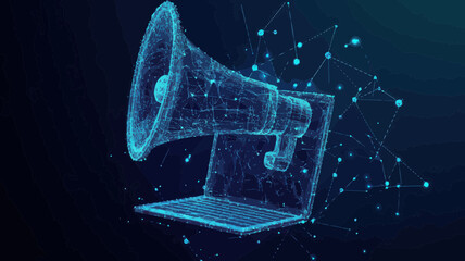 Poster - digital marketing wireframe illustration: 3d laptop and megaphone, polygonal targeted advertisement 