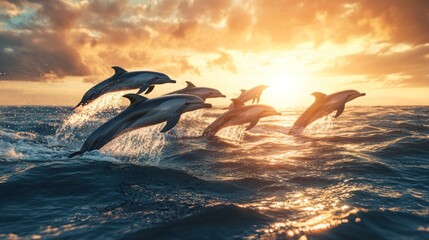 Wall Mural - Dolphins Leaping at Sunset