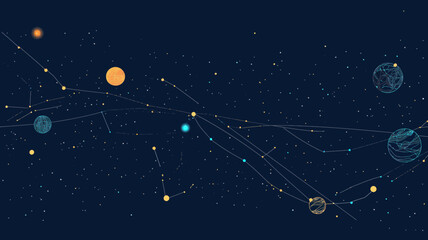 Poster - Abstract Growth Chart as Starry Sky Universe with Points, Lines, Planets and Stars - Minimalist Vector Wireframe Concept