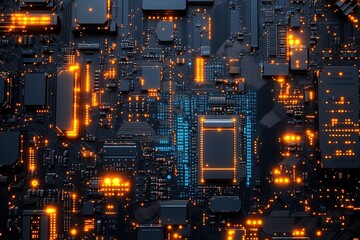 Aufkleber - Close-up of a futuristic motherboard with glowing lights and intricate circuitry.