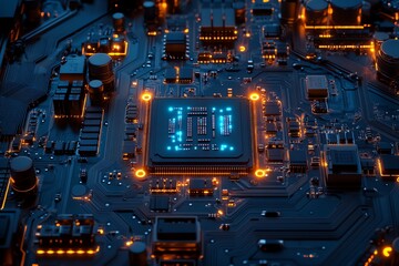 Leinwandbilder - Close-up of a glowing CPU on a motherboard with orange and blue lights.