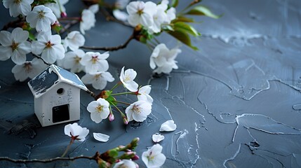 Wall Mural - The blossoms of cherry and a little plastic home rest on a gray table