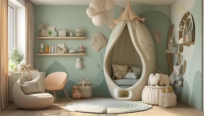 Wall Mural - Biophilic Childrens Room Design Featuring Soft Calming Colors and Organic Shapes in a 3D Style