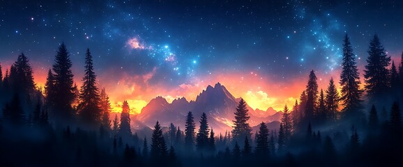 Wall Mural - A silhouette of a mountain range with a starry sky and a dramatic sunset.