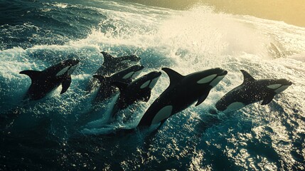 Wall Mural - a pod of orcas leaping out of the water in a playful display of strength and grace.