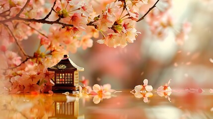 Wall Mural - The cherry blossoms and a little compact home rest on a gold table