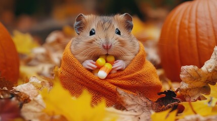 Wall Mural - Hamster Wrapped in Blanket with Candy Corn