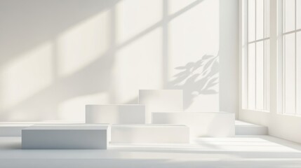 Abstract minimalist scene featuring an empty stage with six rectangular podiums on a white background complemented by soft window shadows ideal for showcasing cosmetic products and packaging mocku