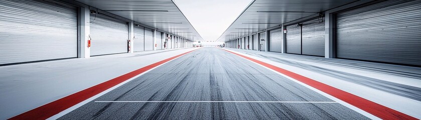 Poster - a quiet formula 1 paddock, once bustling with activity, now deserted and still, marking the end of a