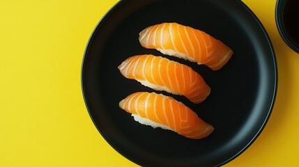 Salmon nigiri sushi served on a black plate against a yellow backdrop accompanied by soy sauce and ginger viewed from above