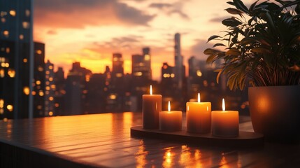 A tranquil sunset scene featuring illuminated candles that enhance a cozy atmosphere with a skyline backdrop