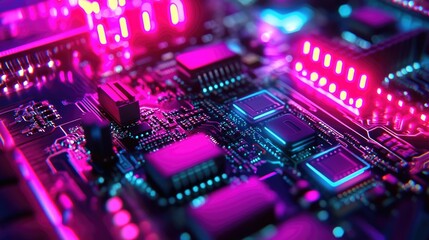 Poster - Close up macro image of a processor or graphic card showcasing a technological device with intricate memory storage and vibrant neon LED lights