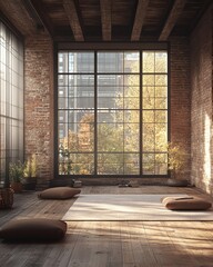 Poster - Cozy living room with large window, wooden floor, and brick walls, featuring a comfortable rug and pillows.