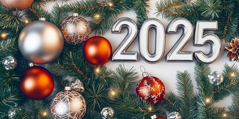 3D Font of text 2025 on New Year, Christmas ornament background