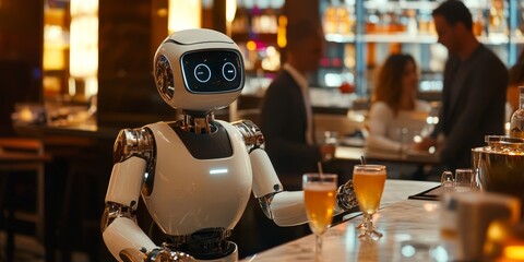Fototapete - a robot in a hospitality setting, serving drinks and interacting with customers, featuring a friendly, human-like interface for seamless interaction.
