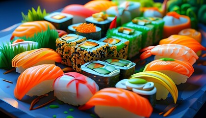 Vibrant Vegan Sushi Platter with Artistic Presentation in 3D Style Against a Colorful Evening Backdrop