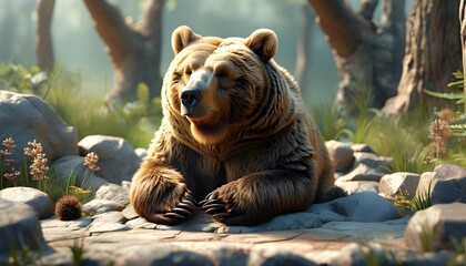 Wall Mural - Bear character relishing tranquility at a detox retreat in a serene 3D rendered landscape