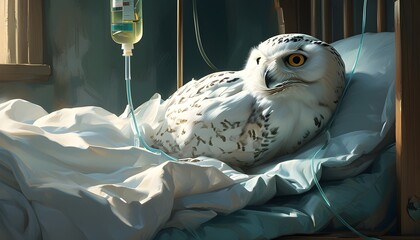 Wall Mural - Surreal graphic depiction of a serene white owl resting on a bed, sustained by an IV drip