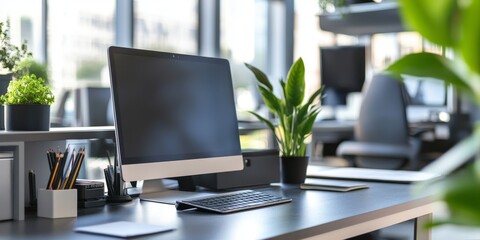 Wall Mural - Modern professional desk setup with digital tools, greenery, and clean design elements in a contemporary office.