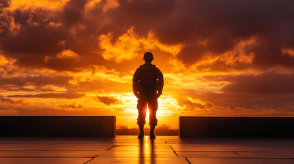 Soldier Silhouette Against a Vibrant Sunset Sky