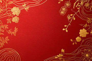 Poster - A red background with golden gradient wave lines as decoration on the right side