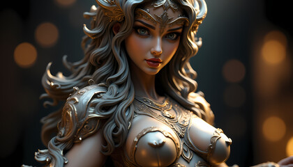 A close-up of a glamour sculpture of a woman. It is a muscular mythical hero with a complex design and many details