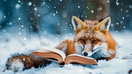 Wall Mural - The fox is lying on the snow in snowy weather and reading a book