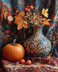 Canvas Print - Autumn still life with pumpkin and decorative vase