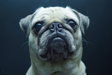 Canvas Print - A pug dog looking at the camera with a black background